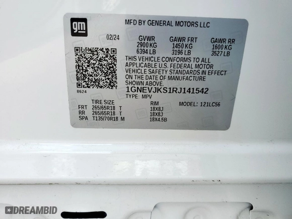 2024 Chevrolet Traverse AWD Z71 with VIN 1GNEVJKS1RJ141542, listed as a Copart auction lot 47541925 with 7,582 mi miles and Salvage Title. Bid and sale history available at carsss.com. Image 14.