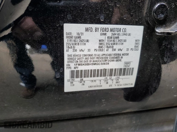 2021 Ford Explorer with VIN 1FMSK8BH5MGC30839, listed as a Copart auction lot 49846895 with 54,663 mi miles and Salvage Title. Bid and sale history available at carsss.com. Image 15.
