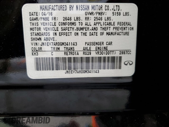 2016 Infiniti Q50 with VIN JN1EV7AR0GM341143, listed as a Copart auction lot 52911345 with 93,663 mi miles and Salvage Title. Bid and sale history available at DreamBid. Image 12.