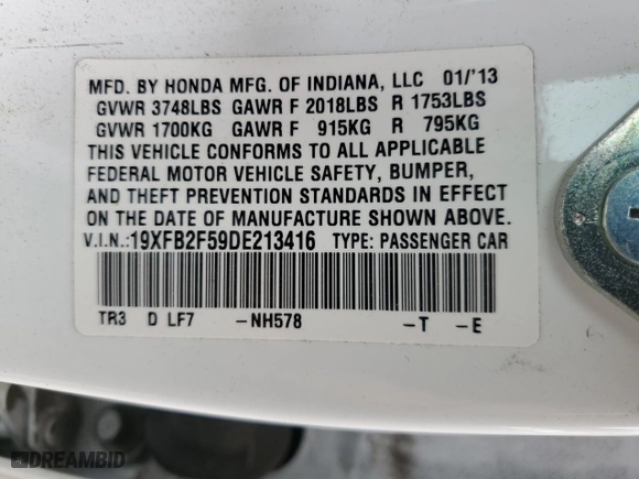 2013 Honda Civic Sdn LX with VIN 19XFB2F59DE213416, listed as a Copart auction lot 53477085 with 69,753 mi miles and Salvage Title. Bid and sale history available at carsss.com. Image 15.