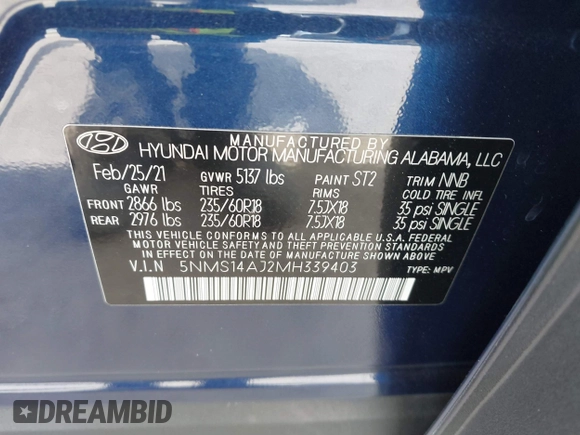 2021 Hyundai Santa Fe SE with VIN 5NMS14AJ2MH339403, listed as a IAAI auction lot 42024896 with 91,734 mi miles and . Bid and sale history available at DreamBid. Image 9.