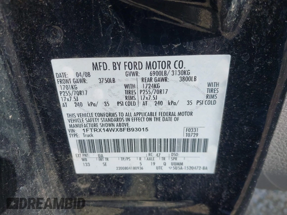 2008 Ford F-150 STX with VIN 1FTRX14WX8FB93015, listed as a IAAI auction lot 41816799 with Not Provided miles. Bid and sale history available at carsss.com. Image 9.