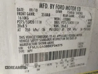2011 Ford Expedition Limited with VIN 1FMJU2A58BEF04375, listed as a IAAI auction lot 41996885 with 194,621 mi miles and . Bid and sale history available at DreamBid. Image 9.