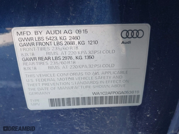 2016 Audi Q5 Premium with VIN WA1C2AFP0GA053619, listed as a IAAI auction lot 41839925 with 186,862 mi miles. Bid and sale history available at carsss.com. Image 9.