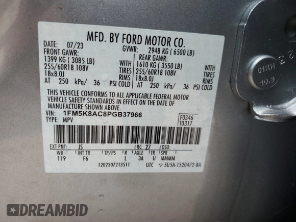 2023 Ford Explorer z VIN 1FM5K8AC8PGB37966, wystawiony jako Copart lot #84690924 z przebiegiem Nie podano mil oraz Szkoda całkowita • Salvage title. Historia ofert i sprzedaży dostępna na DreamBid. Obrazek 14.