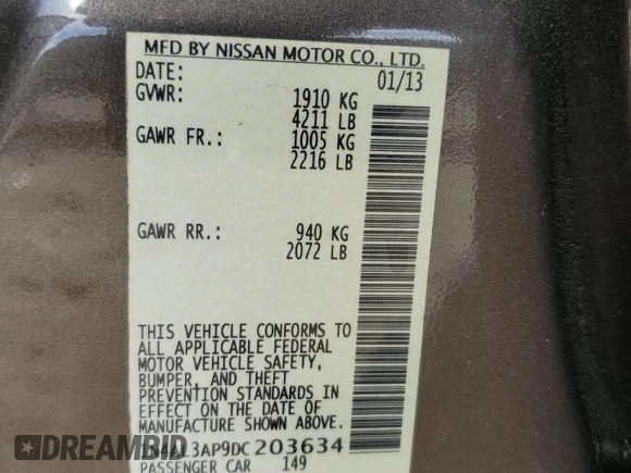2013 Nissan Altima S with VIN 1N4AL3AP9DC203634, listed as a Copart auction lot 55594655 with 175,813 mi miles and Salvage Title. Bid and sale history available at DreamBid. Image 12.