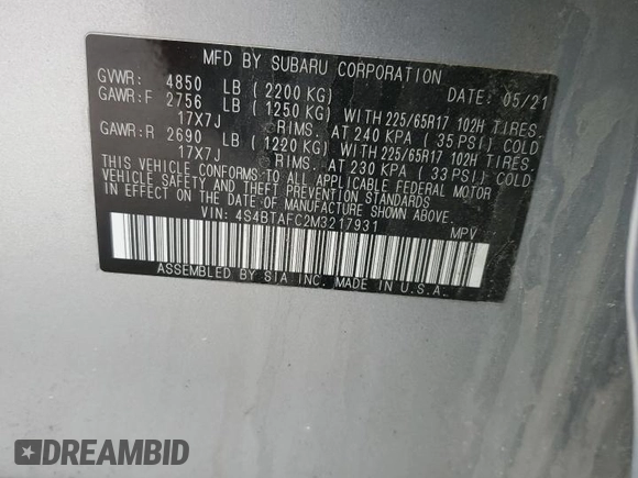 2021 Subaru Outback Premium with VIN 4S4BTAFC2M3217931, listed as a Copart auction lot 49651835 with 49,298 mi miles and Salvage Title. Bid and sale history available at DreamBid. Image 13.