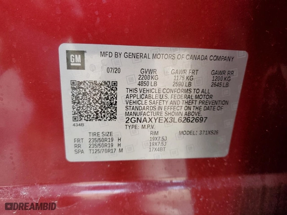 2020 Chevrolet Equinox Premier with VIN 2GNAXYEX3L6262697, listed as a Copart auction lot 46757155 with 67,517 mi miles and Salvage Title. Bid and sale history available at carsss.com. Image 14.