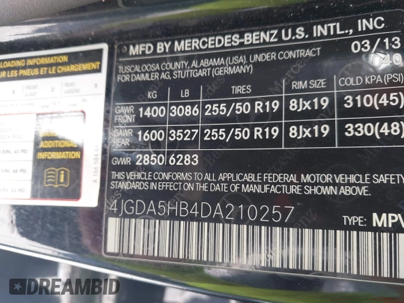 2013 Mercedes-Benz M 350 with VIN 4JGDA5HB4DA210257, listed as a IAAI auction lot 41809978 with 166,908 mi miles and . Bid and sale history available at DreamBid. Image 9.