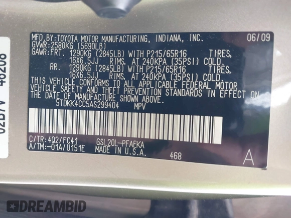 2010 Toyota Sienna CE с VIN 5TDKK4CC5AS299404, выставлен на аукционе IAAI как лот 42376891 с пробегом 167 151 миль миль и . История ставок и продаж доступна на DreamBid. Изображение 9.