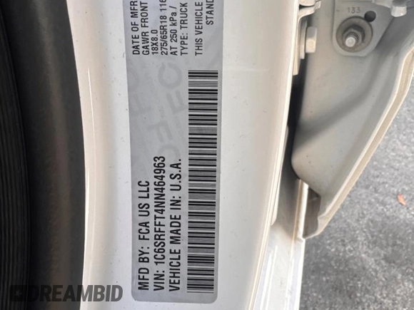 2022 Ram 1500 Lone Star with VIN 1C6SRFFT4NN464963, listed as a Copart auction lot 86011044 with 28,752 mi miles and Non repairable. Bid and sale history available at DreamBid. Image 10.