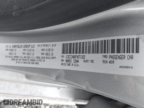 2015 Chrysler 200 Limited with VIN 1C3CCCAB6FN571322, listed as a IAAI auction lot 41929946 with 178,348 mi miles. Bid and sale history available at carsss.com. Image 9.
