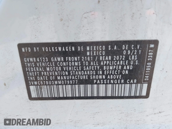 2021 Volkswagen Jetta S with VIN 3VWC57BU3MM079977, listed as a IAAI auction lot 42274063 with 36,052 mi miles and . Bid and sale history available at DreamBid. Image 9.