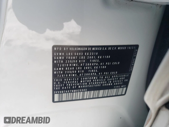 2022 Volkswagen Tiguan SE R-Line Black z VIN 3VV8B7AX7NM025503, wystawiony jako Copart lot #88297105 z przebiegiem 37 580 mil mil oraz Szkoda całkowita • Salvage title. Historia ofert i sprzedaży dostępna na DreamBid. Obrazek 15.
