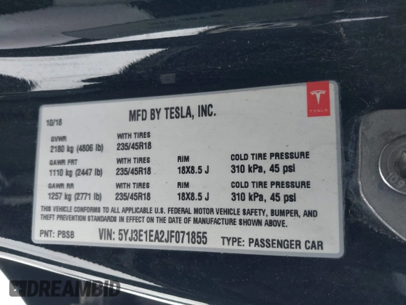 2018 Tesla Model 3 Long Range Battery with VIN 5YJ3E1EA2JF071855, listed as a IAAI auction lot 41314974 with 169,318 mi miles and . Bid and sale history available at DreamBid. Image 9.