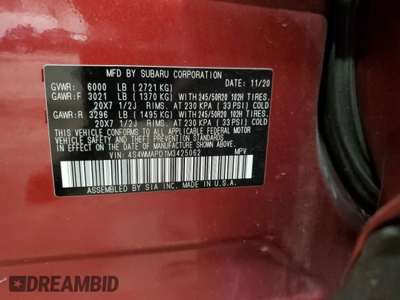 2021 Subaru Ascent Limited with VIN 4S4WMAPD1M3425062, listed as a Copart auction lot 54214385 with 79,123 mi miles and Salvage title. Bid and sale history available at DreamBid. Image 13.
