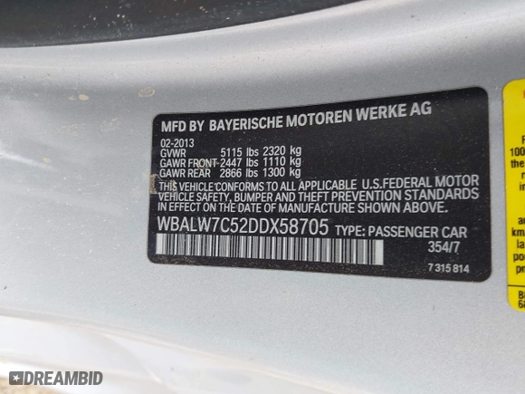 2013 BMW 6 Series 640i with VIN WBALW7C52DDX58705, listed as a IAAI auction lot 41848280 with 91,243 mi miles. Bid and sale history available at carsss.com. Image 9.