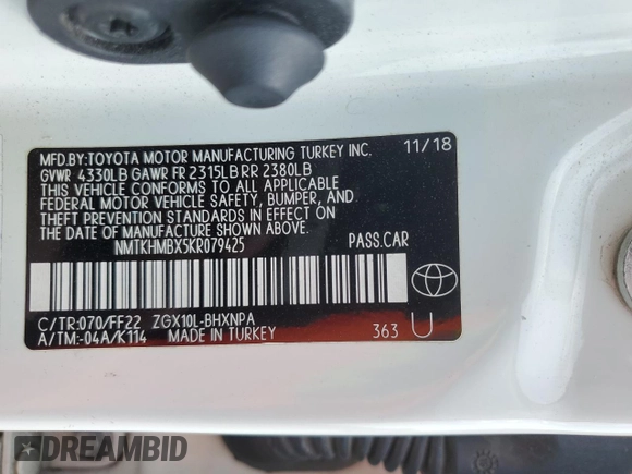 2019 Toyota C-HR XLE z VIN NMTKHMBX5KR079425, wystawiony jako Copart lot #57315345 z przebiegiem 109 441 mil mil oraz Szkoda całkowita • Salvage title. Historia ofert i sprzedaży dostępna na DreamBid. Obrazek 13.
