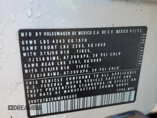 2022 Volkswagen Taos SE z VIN 3VVTX7B25NM095693, wystawiony jako Copart lot #45579375 z przebiegiem 41 956 mil mil oraz Szkoda całkowita • Salvage title. Historia ofert i sprzedaży dostępna na DreamBid. Obrazek 13.