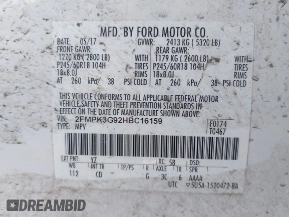 2017 Ford Edge SE z VIN 2FMPK3G92HBC16159, wystawiony jako IAAI lot #42057245 z przebiegiem 102 268 mil mil oraz . Historia ofert i sprzedaży dostępna na DreamBid. Obrazek 9.