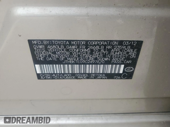 2012 Lexus ES 330 z VIN JTHBK1EG9C2497670, wystawiony jako Copart lot #60527495 z przebiegiem 164 252 mil mil oraz Czysty tytuł • Clean title. Historia ofert i sprzedaży dostępna na DreamBid. Obrazek 12.