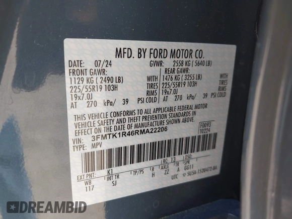 2024 Ford Mustang Mach-E Select z VIN 3FMTK1R46RMA22206, wystawiony jako IAAI lot #42243515 z przebiegiem 8 353 mil mil oraz . Historia ofert i sprzedaży dostępna na DreamBid. Obrazek 9.