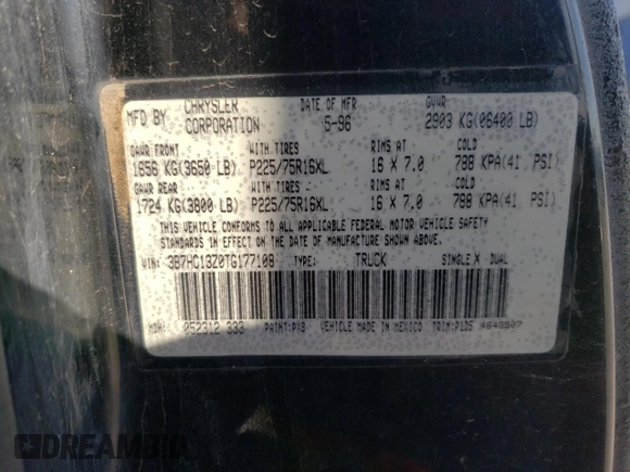 1996 Dodge 1500 с VIN 3B7HC13Z0TG177108, выставлен на аукционе Copart как лот 48244335 с пробегом 236 950 миль миль и Списание • Salvage title. История ставок и продаж доступна на DreamBid. Изображение 12.