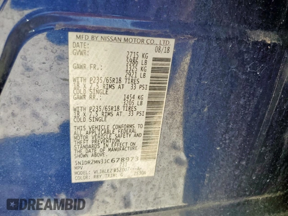 2018 Nissan Pathfinder SL with VIN 5N1DR2MN3JC678973, listed as a Copart auction lot 63360515 with 90,063 mi miles and Salvage title. Bid and sale history available at DreamBid. Image 13.