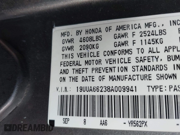 2008 Acura TL with VIN 19UUA66238A009941, listed as a IAAI auction lot 41332206 with 1 mi miles. Bid and sale history available at carsss.com. Image 9.