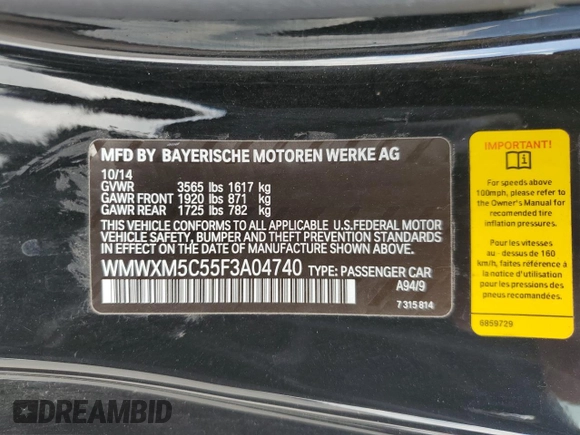 2015 MINI Hardtop with VIN WMWXM5C55F3A04740, listed as a Copart auction lot 61616655 with 95,108 mi miles and Salvage title. Bid and sale history available at DreamBid. Image 13.