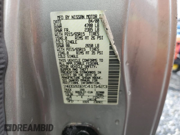 2000 Nissan Frontier XE with VIN 1N6DD26S6YC415423, listed as a Copart auction lot 59086535 with 122,746 mi miles and Salvage title. Bid and sale history available at DreamBid. Image 12.