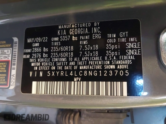 2022 Kia Sorento S with VIN 5XYRL4LC8NG123705, listed as a IAAI auction lot 42231243 with 90,031 mi miles and . Bid and sale history available at DreamBid. Image 9.