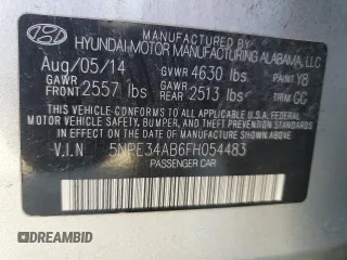 2015 Hyundai Sonata Sport with VIN 5NPE34AB6FH054483, listed as a Copart auction lot 42856255 with 163,708 mi miles and Salvage Title. Bid and sale history available at carsss.com. Image 14.