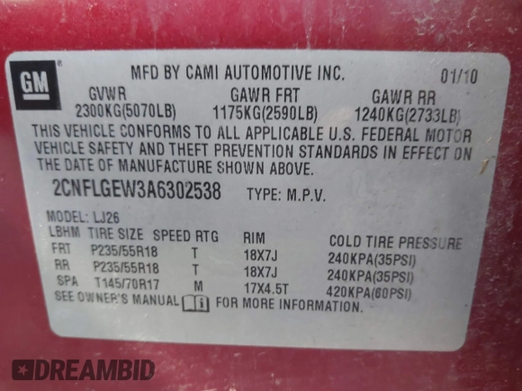 2010 Chevrolet Equinox LTZ with VIN 2CNFLGEW3A6302538, listed as a IAAI auction lot 41715039 with 235,478 mi miles and . Bid and sale history available at DreamBid. Image 9.
