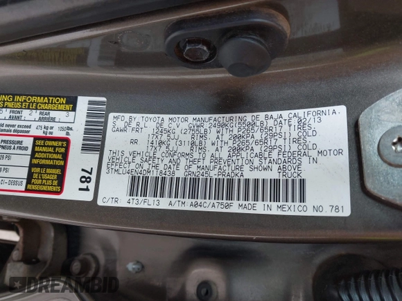 2013 Toyota Tacoma with VIN 3TMLU4EN4DM118438, listed as a IAAI auction lot 42285446 with 162,751 mi miles and . Bid and sale history available at DreamBid. Image 9.