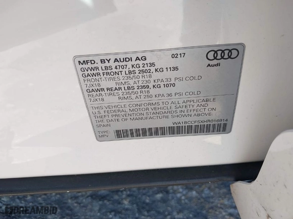 2017 Audi Q3 Premium with VIN WA1BCCFSXHR016914, listed as a IAAI auction lot 41784539 with 94,862 mi miles. Bid and sale history available at carsss.com. Image 9.