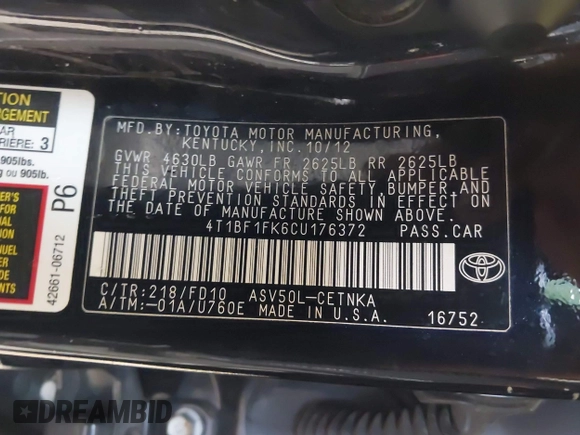 2012 Toyota Camry L z VIN 4T1BF1FK6CU176372, wystawiony jako IAAI lot #42437562 z przebiegiem 217 583 mil mil oraz . Historia ofert i sprzedaży dostępna na DreamBid. Obrazek 9.
