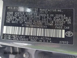 2012 Toyota Avalon with VIN 4T1BK3DB6CU459249, listed as a IAAI auction lot 41802571 with 147,955 mi miles. Bid and sale history available at carsss.com. Image 9.