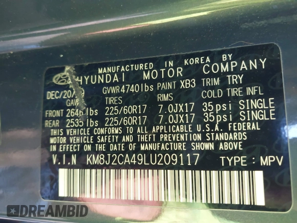2020 Hyundai Tucson SE z VIN KM8J2CA49LU209117, wystawiony jako IAAI lot #41214916 z przebiegiem Nie podano mil oraz . Historia ofert i sprzedaży dostępna na DreamBid. Obrazek 9.