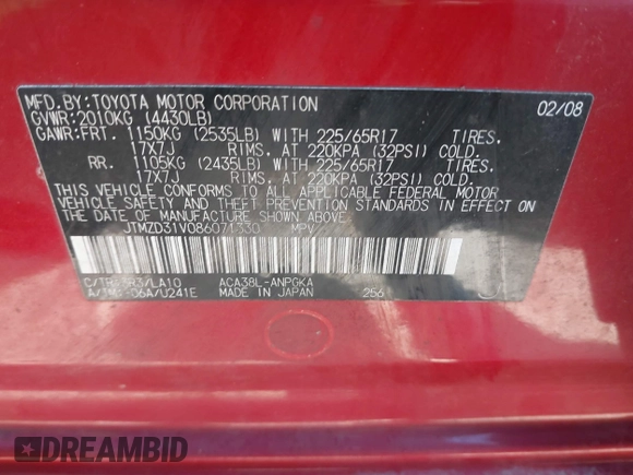 2008 Toyota RAV4 Ltd with VIN JTMZD31V086071330, listed as a IAAI auction lot 41655978 with 223,411 mi miles. Bid and sale history available at carsss.com. Image 9.
