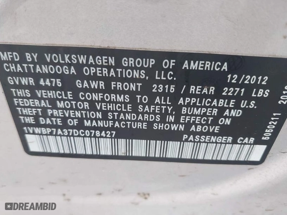 2013 Volkswagen Passat SE w/Sunroof with VIN 1VWBP7A37DC078427, listed as a IAAI auction lot 41942792 with 111,568 mi miles. Bid and sale history available at carsss.com. Image 9.
