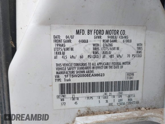 2008 Ford F-250 XL with VIN 1FTSW20508EA98623, listed as a IAAI auction lot 42626043 with 108,989 mi miles and . Bid and sale history available at DreamBid. Image 9.