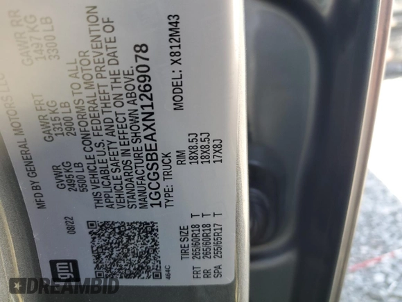 2022 Chevrolet Colorado 2WD Work Truck с VIN 1GCGSBEAXN1269078, выставлен на аукционе Copart как лот 56938445 с пробегом 20 674 миль миль и Списание • Salvage title. История ставок и продаж доступна на DreamBid. Изображение 12.