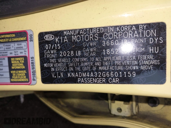 2016 Kia Rio LX with VIN KNADM4A32G6601159, listed as a IAAI auction lot 42044543 with 84,834 mi miles. Bid and sale history available at carsss.com. Image 9.