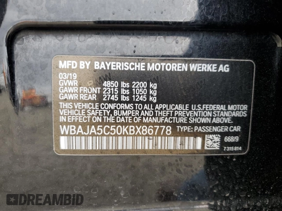 2019 BMW 5 Series 530i with VIN WBAJA5C50KBX86778, listed as a Copart auction lot 48829915 with 97,685 mi miles and Salvage Title. Bid and sale history available at carsss.com. Image 14.
