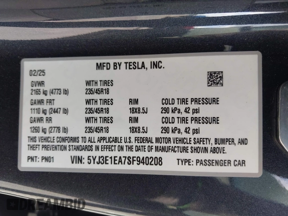 2025 Tesla Model 3 Long Range with VIN 5YJ3E1EA7SF940208, listed as a IAAI auction lot 42433793 with 1,983 mi miles and . Bid and sale history available at DreamBid. Image 9.