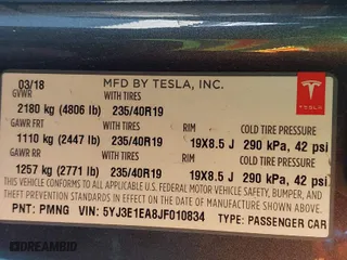 2018 Tesla Model 3 Long Range Battery with VIN 5YJ3E1EA8JF010834, listed as a IAAI auction lot 41598099 with 83,252 mi miles. Bid and sale history available at carsss.com. Image 9.