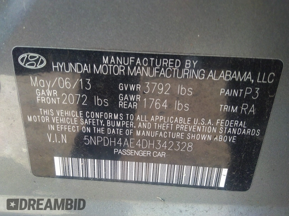 2013 Hyundai Elantra GLS with VIN 5NPDH4AE4DH342328, listed as a IAAI auction lot 36543059 with 155,105 mi miles and . Bid and sale history available at DreamBid. Image 9.