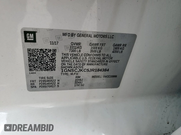 2018 Chevrolet Suburban Premier with VIN 1GNSCJKC5JR184384, listed as a Copart auction lot 53512255 with 161,503 mi miles and Salvage title. Bid and sale history available at DreamBid. Image 13.