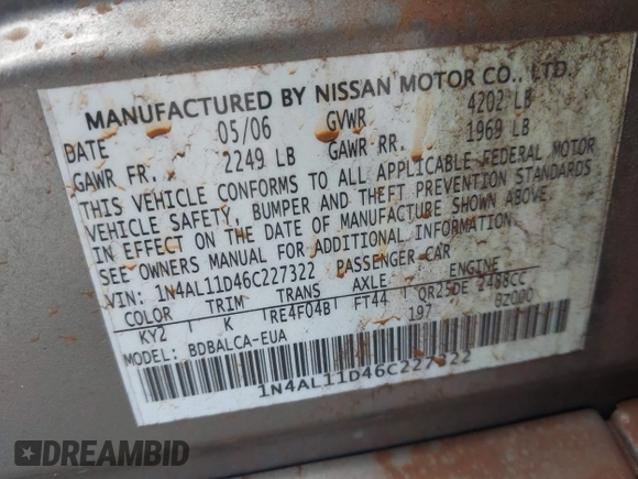 2006 Nissan Altima S with VIN 1N4AL11D46C227322, listed as a IAAI auction lot 42013704 with Not provided miles and . Bid and sale history available at DreamBid. Image 9.